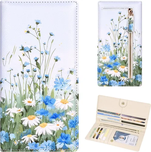 Miniatura 10 de Billetera para mujer, billetera RFID extradelgada, bolso plegable de cuero, con 11 ranuras para tarjetas y ventana de identificación, lindo monedero