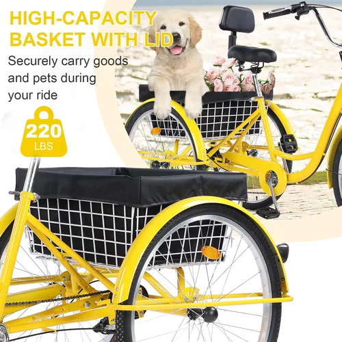 Miniatura 4 de Triciclo para adultos, triciclos para adultos de 24/26 pulgadas, bicicleta de crucero de 3 ruedas con cesta grande y asiento ajustable, triciclos