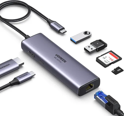 UGREEN Revodok - Hub USB C 7 en 1 con adaptador Gigabit Ethernet, HDMI 4K@60Hz, carga PD de 100W, puertos de datos USB A, lector de tarjetas SD/TF