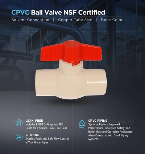 Miniatura 4 de Midline Valve Válvula de bola de CPVC resistente 472T100 para agua potable; Mango en T rojo; Conexiones de disolvente de 1 pulgada; Plástico