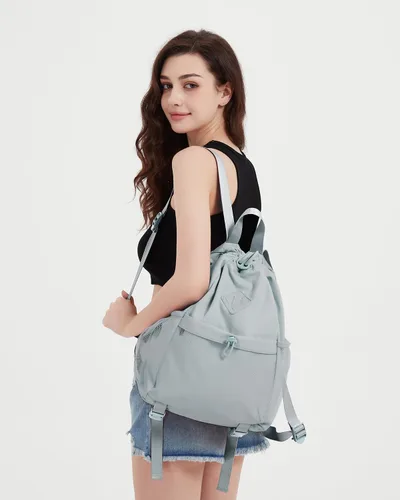 Miniatura 3 de WANDF Mochila con cordón para mujer, bolsa de gimnasio con correa para esterilla de yoga, resistente al agua, con bolsillo de malla, Gris