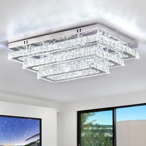 Miniatura 9 de Finktonglan Accesorio de Lámpara de Techo LED de Cristal Cuadrada Moderna, Candelabro de Cristal Regulable de 15" Luces de Techo de 3 Niveles