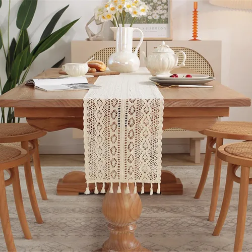 Miniatura 5 de Gemseek Camino de Mesa de Crochet de Algodón Boho de 60 Pulgadas, Camino de Mesa de Encaje Macramé Bohemio Beige Vintage para Cocina Mesa de Café