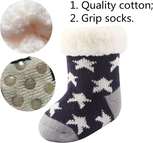 Miniatura 4 de 3 Pairs Toddler Girl Boy Sherpa-lined Fuzzy Socks Anti Skid with Grips, Baby Girl Boy Christmas Socks Kids Slipper Socks