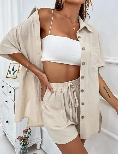 Miniatura 5 de SeekMe Conjunto de pantalones cortos de lino para mujer, camiseta de manga corta, pantalones cortos, 2 piezas, verano, playa, vacaciones, trajes