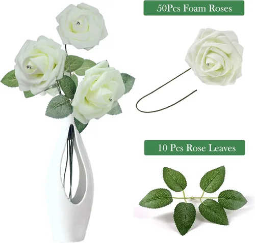 Miniatura 2 de SWEETIME Flores falsas para decoración, 50 ramos de rosas de espuma en caja, hojas verdes, paquete de cabeza de rosa sintética blanca crema