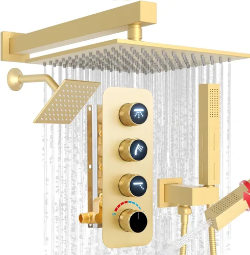 Miniatura 17 de Enga Sistema de cabezal de ducha doble, cabezal de ducha LED de lluvia de 14 x 20 pulgadas con cabezal de pared de 6 pulgadas, juego de grifo de Oro