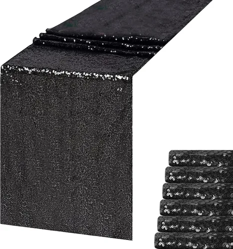 Camino de mesa de lentejuelas negras de 12 x 72 pulgadas, paquete de 6 caminos de mesa con purpurina para decoración de fiestas, baby shower,