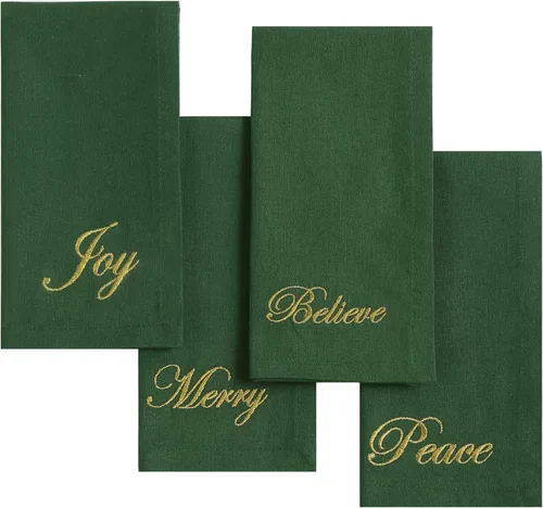 Elrene Home Fashions Sentimientos Navideños Refranes de Temporada Servilletas de Tela para Cena, Juego de 4, 17 Pulgadas por 17 Pulgadas, Verde