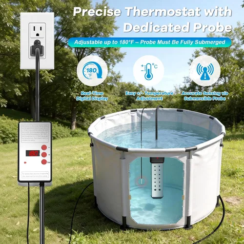 Miniatura 2 de Calentador de agua de inmersión portátil de 2000 W con termostato integrado y arranque retardado, calentamiento rápido para cubos, bañeras, bañera