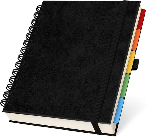 Cuaderno de espiral encuadernado en cuero de tapa dura de 8x10 pulgadas con divisores removibles - Negro - 300 páginas Cuaderno de 5 asignaturas con