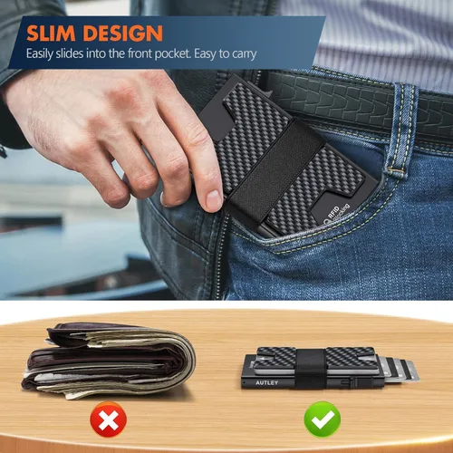 Miniatura 10 de AUTLEY Portatarjetas delgado, billetera minimalista desplegable para hombres, con bloqueo RFID y banda para efectivo (negro)