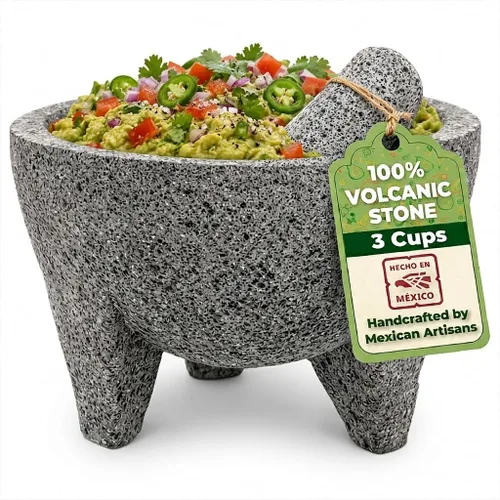 Molcajete de 7 pulgadas mexicano, hecho a mano con piedra volcánica natural, utensilio de cocina artesanal para moler con poros para triturar,