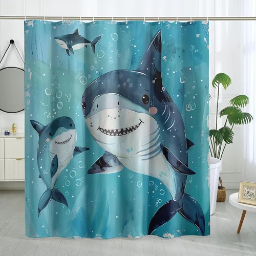 Miniatura 29 de Juego de cortinas de ducha de ballena azul, divertidas cortinas de ducha de dibujos animados de océano para baño, decoración de baño para niños