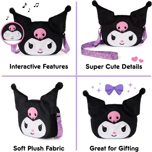 Miniatura 7 de Purse Pets, Sanrio Hello Kitty and Friends, Kuromi - Juguete interactivo para mascotas y bolso cruzado kawaii, más de 30 sonidos y reacciones, Negro