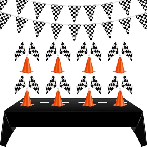Tegeme 22 piezas de suministros para fiestas de carreras de 54 x 108 pulgadas, mantel de carreras, conos naranjas, decoraciones de fiesta de 9.8