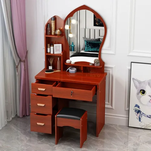 Miniatura 8 de QQXX Juego de tocador grande con espejo, tocador de maquillaje con estantes de almacenamiento y 4 cajones, taburete acolchado para dormitorio