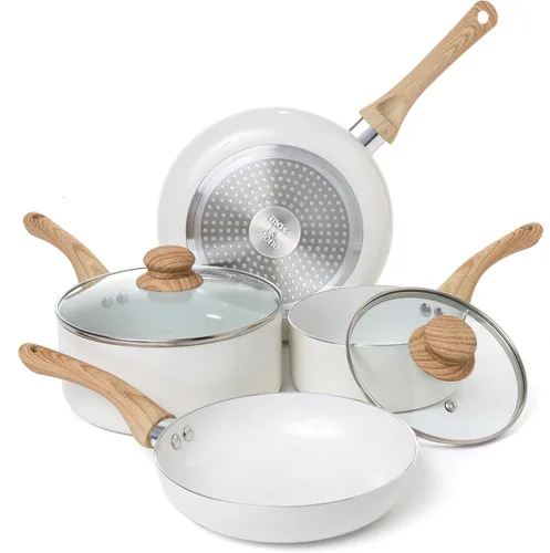 Moss & Stone Juego de 6 Piezas de Utensilios de Cocina Antiadherentes Blancos, Juego de Ollas y Sartenes Antiadherentes con Tapa de Cristal, 6