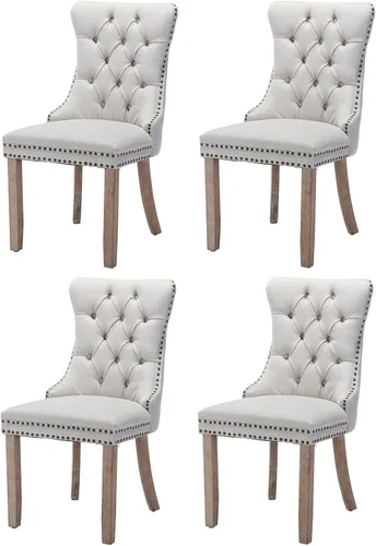 Miniatura 35 de Juego de 6 sillas de comedor modernas para sala de estar, cocina, patas de madera maciza, cojín acolchado de tela de lino, asiento y respaldo