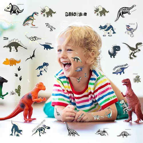 Miniatura 6 de Zonon 90 piezas de tatuajes temporales de dinosaurio luminoso, tatuajes temporales, calcomanías brillantes de dibujos animados, tatuajes de selva