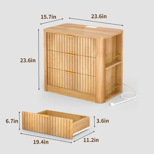 Miniatura 2 de HAUOMS Mesita de noche acanalada con estación de carga, moderna mesita de noche con 3 cajones, mesa auxiliar con estantes laterales