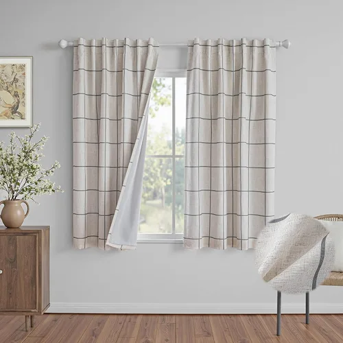 Miniatura 11 de MYSKY HOME Cortinas de Lino a Cuadros 100% Opacas de 45 Pulgadas de Largo de Doble Capa Estilo Granja con Aislamiento Térmico Estampado a Cuadros
