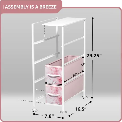 Miniatura 3 de Sorbus Cómoda Estrecha para Niños con 4 Cajones - Cómoda de Almacenamiento Vertical Delgada con Marco de Acero, Parte Superior de Madera y Tinte rosa