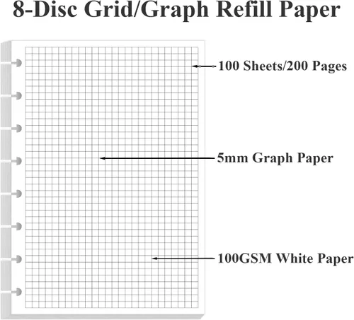 Miniatura 5 de A5 TUL Papel de recambio cuadriculado con sistema de discos, papel cuadriculado con sistema de 8 discos, 100 hojas/200 páginas, papel cuadriculado