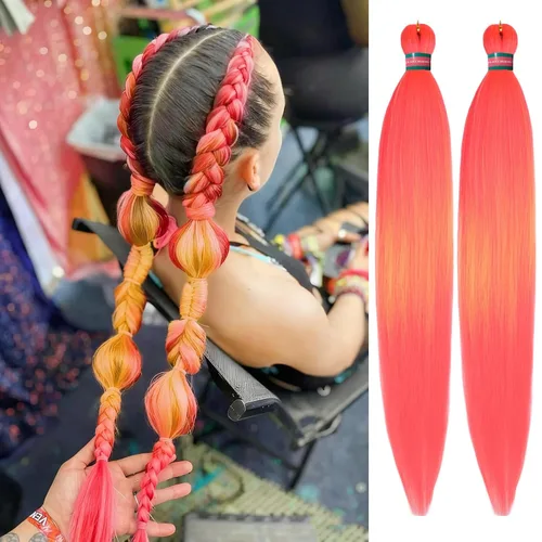 Miniatura 48 de Extensiones de cabello para trenzar verde+verde claro, preestiradas, 2 paquetes, con cabello plumoso pre-trenzado, extensiones de cabello