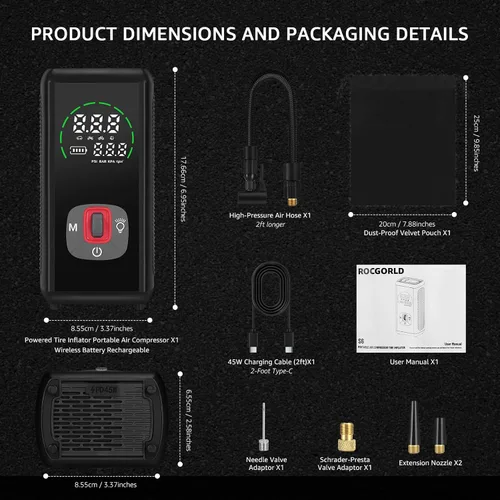 Miniatura 8 de Inflador de neumáticos inalámbrico, compresor de aire portátil, 150 PSI, 6000 mAh alimentado por batería, bomba digital inalámbrica con luz LED