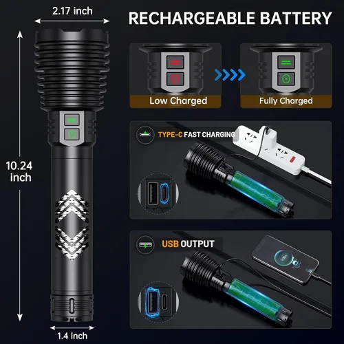 Miniatura 3 de Linternas recargables 6000.000 de alto lúmenes, linterna LED súper brillante con mango largo, batería de gran capacidad, ampliable y 6 modos