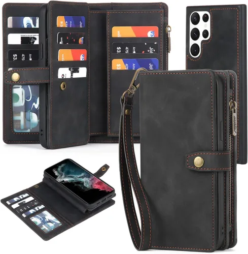 Miniatura 19 de TwoHead Funda tipo cartera para Samsung Galaxy S22 Ultra con tarjetero y funda magnética desmontable, funda de cuero con protección completa