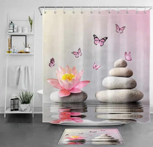 Miniatura 6 de Water Lily and Zen Stone Shower Curtain Pink Butterfly and Floral on Water Nature Scenery Shower Curtain for Bathroom Spa Relaxation Fabric Bath