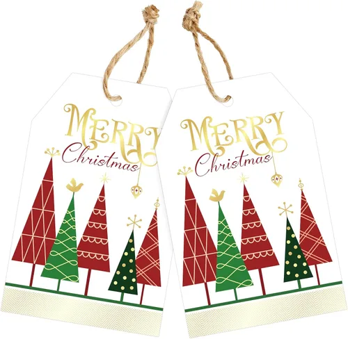 Miniatura 17 de joycraft 50 etiquetas de Feliz Navidad con cuerda - 3.3 x 2.1 pulgadas etiquetas blancas de papel con calcetín navideño, etiquetas colgantes