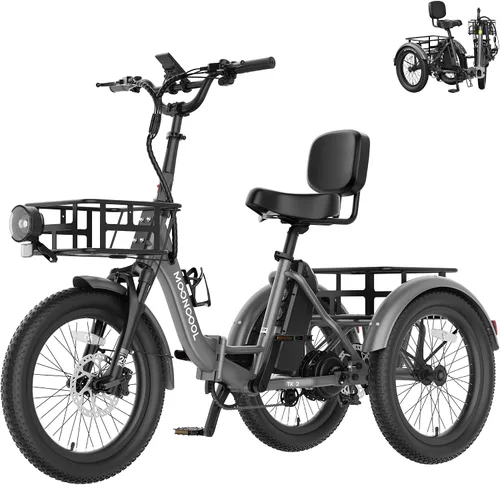 Miniatura 16 de MOONCOOL Triciclo eléctrico plegable para adultos, E-Trike de aluminio de 20 pulgadas con función de marcha atrás y opciones de largo alcance, Plata