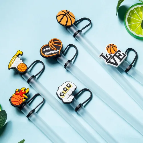 Miniatura 8 de 6 tapas de paja de baloncesto para copa Stanley, 0.394 in, reutilizables, lindos accesorios para popotes para beber, protector portátil, tapones