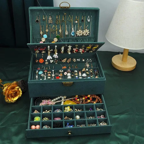 Miniatura 5 de GYJOYERO Joyero organizador de aretes de joyería para mujeres y niñas, 4 capas con cajones, collares, anillos, relojes, vitrina, almacenamiento