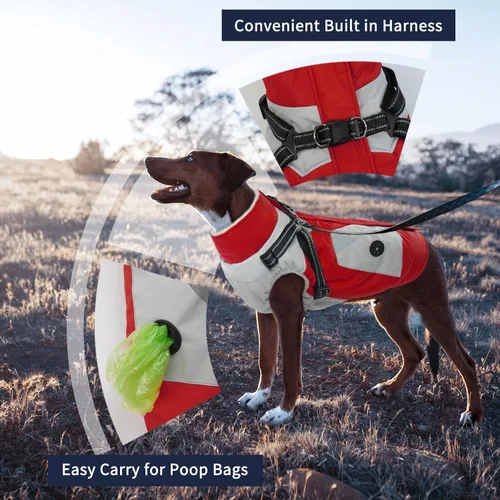 Miniatura 2 de IECOii Abrigo para Perros Grandes Impermeable Chaqueta de Invierno para Perros con Arnés Incorporado, Rojo - XXLarge, Forro Polar Térmico Cálido