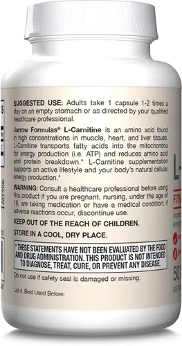 Miniatura 9 de Jarrow Formulas L-Carnitina 500 mg - Cofactor importante para la producción de energía (ATP) a partir de grasas - L-carnitina como tartrato
