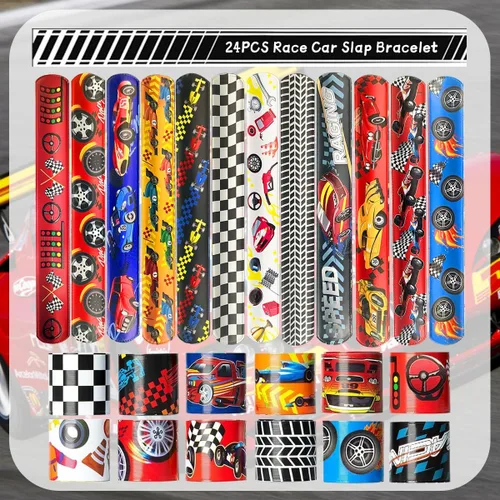 Miniatura 2 de CZWXOXO 24 Piezas Decoraciones de Fiesta de Coches de Carreras Favores Pulsera de Carreras Pulseras de Carreras Pulseras de Palmada a Cuadros