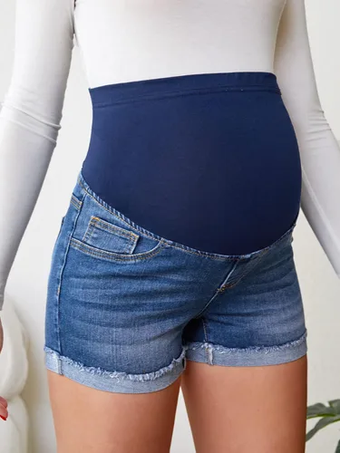 Miniatura 5 de Verdusa Pantalones cortos de mezclilla de maternidad para mujer, cintura alta, rasgados, dobladillo sin procesar, pantalones cortos de embarazo