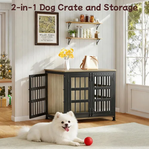 Miniatura 6 de Jaula para perros de 26 pulgadas, jaulas para perros de razas grandes, jaulas para perros interiores de madera, mesa auxiliar, jaula combinada