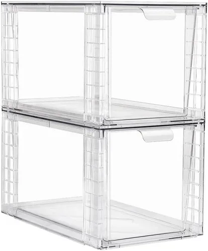 Paquete de 2 cajones de almacenamiento apilables grandes, organizadores transparentes de acrílico con asa, fácil montaje para debajo del fregadero