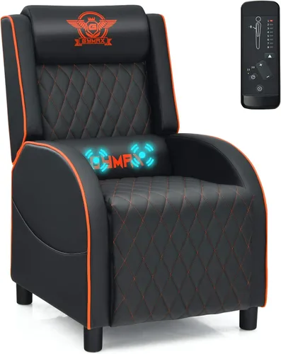 GYMAX Silla reclinable de masaje para juegos, sofá individual ergonómico de estilo de carreras con reposacabezas ajustable, respaldo y reposapiés,