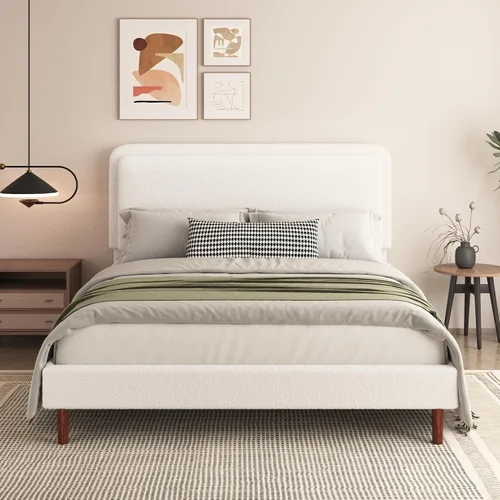 Miniatura 9 de Marco de cama tapizado Boucle de tamaño matrimonial con cabecera ajustable, plataforma de nube, patas de madera maciza, no necesita somier, fácil