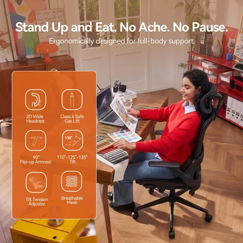 Miniatura 4 de SIHOO B100 Office Chair, Ergonomic Office Chair Without Footrest, Computer Chair with Wide Headrest & Adaptive Lumbar Support, Flip-up Armrests