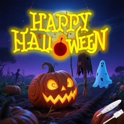 Letrero de neón de feliz Halloween, letrero de bienvenida de LED para puerta delantera/recámara/hogar/patio, alimentado por USB, 16.5×8.6 pulgadas |