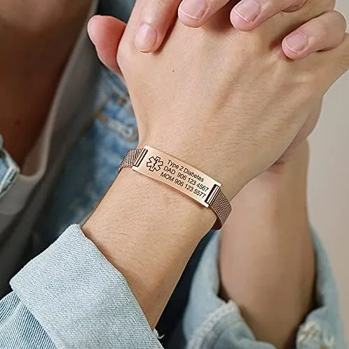 Miniatura 4 de VNOX Medical Alert Bracelets for Men & Women Kids with Free Engraving Adjustable Stainless Steel Mesh Emergency Medical ID Bracelets Wristband