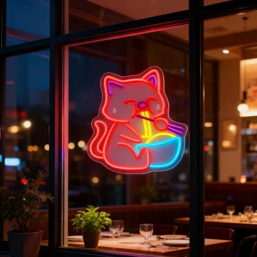 Letrero de neón con texto en inglés "Noodle Cat" con luz abierta, letras LED para decoración de pared, letreros de puerta decorativos LED para
