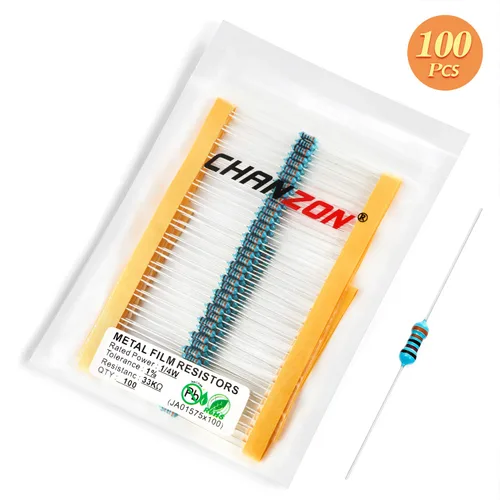 Miniatura 5 de Chanzon 100pcs 1/4W (0.25W) 33K Ω ohmios Resistencia fija de película metálica 0.01 ±1% Tolerancia 33KR MF Resistencias de orificio pasante